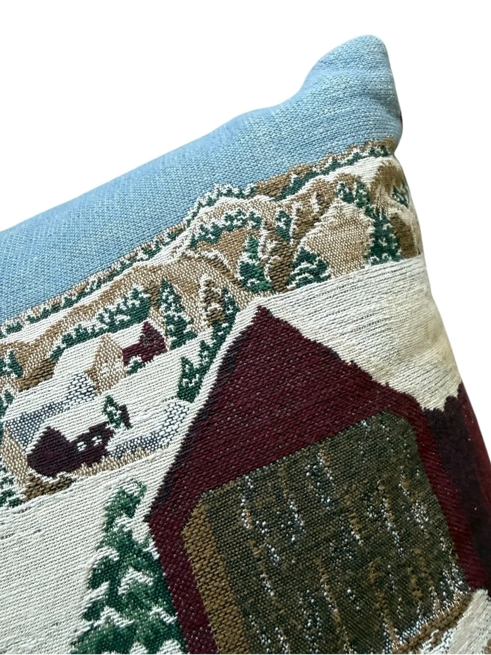 Vintage Christmas Tapestry Pillow Horse Sleigh Covered Bridge Winter Farm 15x15